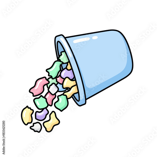 Overturned container spilling colorful marshmallows onto a surface, sweet treats.