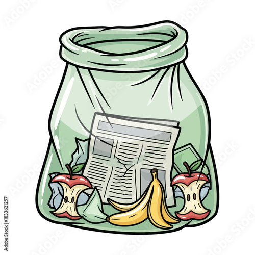 Cartoon Compost Bag Filled with Food Scraps and Newspaper.