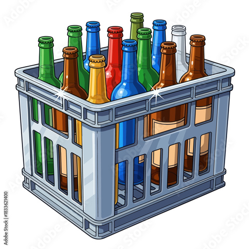 Colorful Empty Glass Bottles in a Gray Crate Ready for Recycling.
