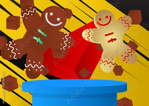 Mockup product display with Gingerbread Man Christmas Cookie. Vector cylinder pedestal podium. Stage showcase for presentation. Minimal geometric forms.