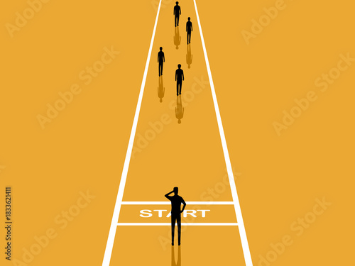 Lagging behind competitors, businessmen stand behind competitors on the race track