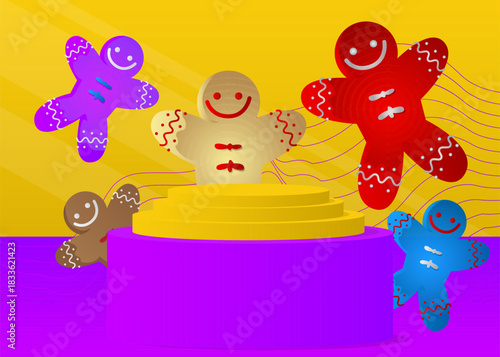 Mockup product display with Gingerbread Man Christmas Cookie. Vector cylinder pedestal podium. Stage showcase for presentation. Minimal geometric forms.