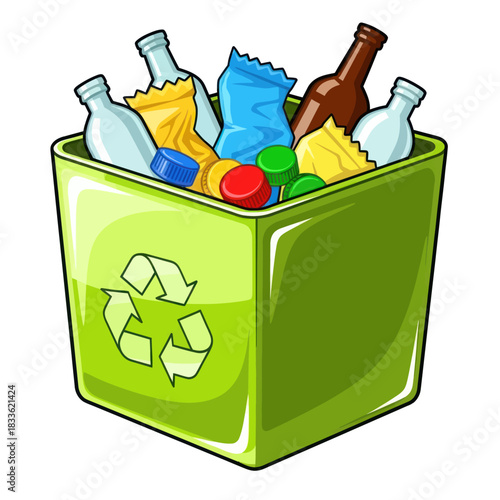 Recycling Bin Filled with Bottles and Plastic Waste.