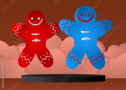 Mockup product display with Gingerbread Man Christmas Cookie. Vector cylinder pedestal podium. Stage showcase for presentation. Minimal geometric forms.