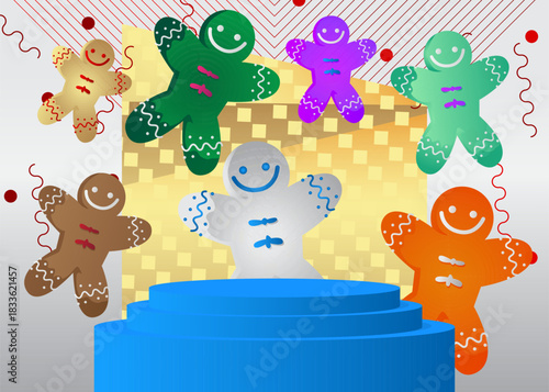 Mockup product display with Gingerbread Man Christmas Cookie. Vector cylinder pedestal podium. Stage showcase for presentation. Minimal geometric forms.