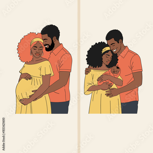 Illustration showing the journey of a black couple from pregnancy to parenthood with their newborn baby, depicting love and family growth