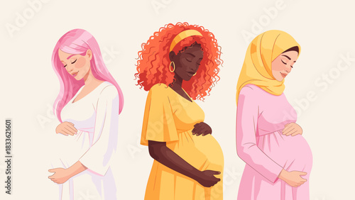 Three diverse pregnant women standing side by side, holding their baby bumps, representing maternity, diversity, and motherhood