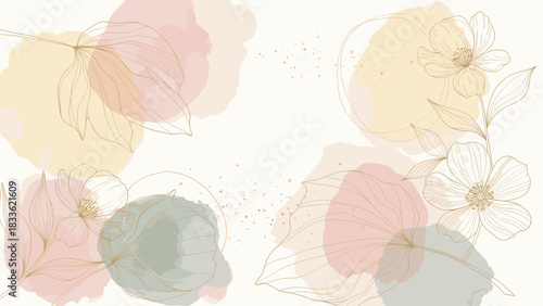 Abstract watercolor background with soft pastel color blobs and delicate gold glitter line art floral element overlay for elegant design