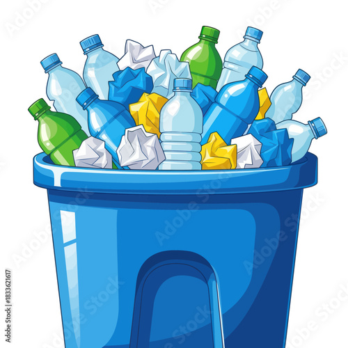 Blue recycling bin overflowing with plastic bottles and crumpled paper.