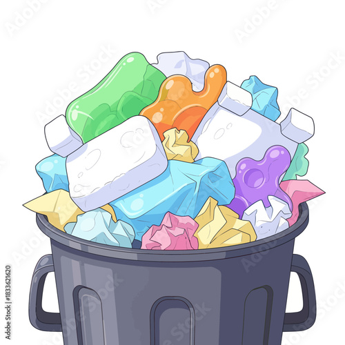 Overflowing trash can filled with colorful waste and garbage ready for disposal.