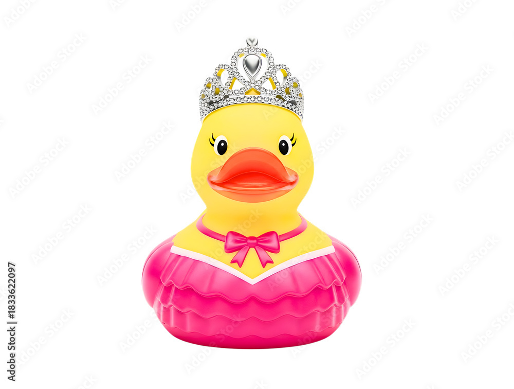 Fototapeta premium Cute yellow rubber duck wearing a pink princess dress and tiara isolated on transparent background