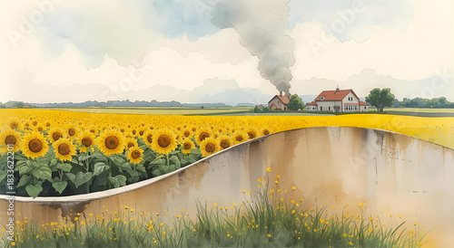 A calm river runs beside a glowing sunflower field, reflecting the soft colors of a peaceful countryside. A faraway house with raised chimney smoke adds rustic charm to the scene.