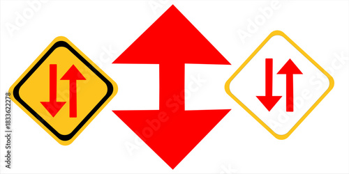 Two way traffic sign. two direction yellow signboard. oncoming traffic 2 arrow symbol.