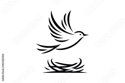 Black abstract bird taking flight from a nest on a white background flying