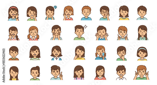 Large collection of cute cartoon children's faces, showing a wide variety of different emotions, expressions, and reactions.