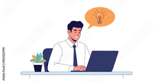 Happy young businessman working on his laptop at a desk and having a great idea, represented by a light bulb in a speech bubble.