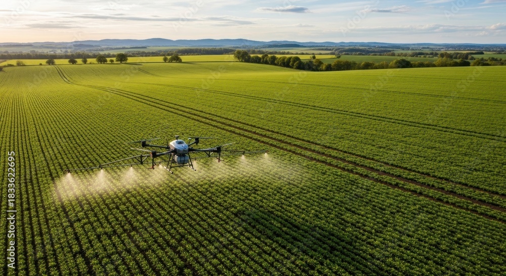 Obraz premium A drone flying over a green field with a tractor in the background.
