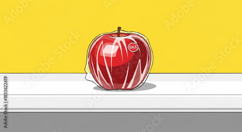Plastic wrapped apple, packaged apple illustration with plastic wrapped fruit and sealed produce concept, suitable for poster design, article header, and eco-themed product mockup.