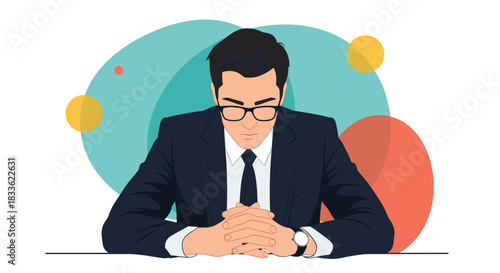 Serious and thoughtful businessman sitting at a desk with his hands clasped, concentrating or making an important decision.