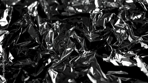 Abstract  depicts crumpled, glossy material with strong reflections, creating a dark, textured surface with a dynamic interplay of light and shadow, showcasing the folds and sheen.
