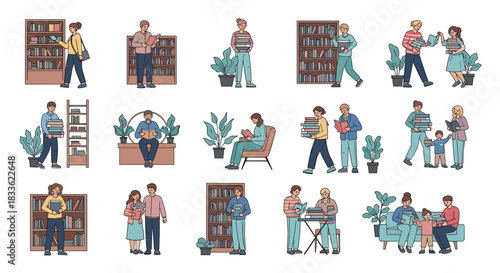 Collection of people in a library or bookstore, including individuals, couples, and families reading, choosing, and carrying books.