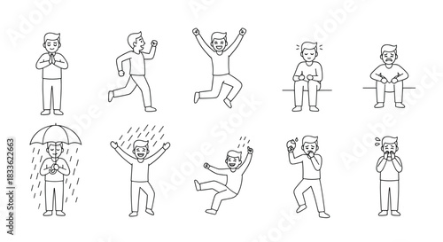 Set of ten line art characters showing a man in various emotional states and actions like running, jumping, sad, and happy.