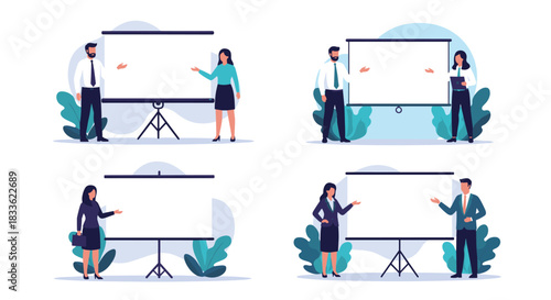 Set of four illustrations showing business people, both men and women, giving a presentation with a blank projector screen.