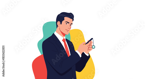 A handsome and confident businessman in a suit smiling while using his smartphone, with abstract colorful shapes in the background.