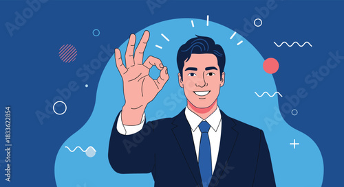 A cheerful and confident businessman in a suit making an OK hand gesture, showing approval, success, and positive confirmation.