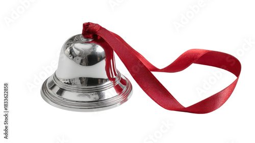 Silver christmas bell with red ribbon creating festive jingle sound and holiday decoration element, transparent background