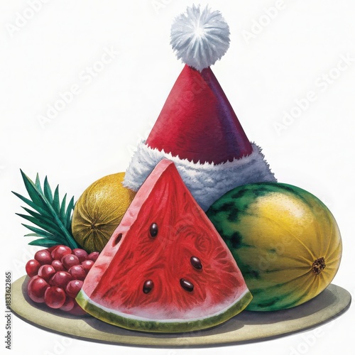 Festive arrangement of fruits with a Santa hat, blending holiday spirit with summer freshness.