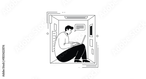 A man working on his laptop inside a small, confined box, symbolizing isolation, a constrained work environment, or limited thinking.