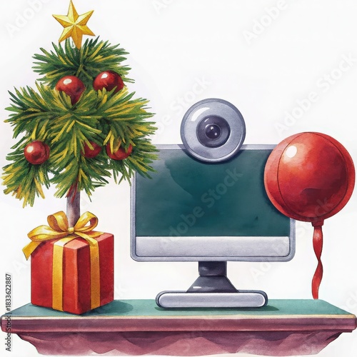 Festive computer setup decorated with a Christmas tree, gift, and balloon, blending technology and holiday cheer.
