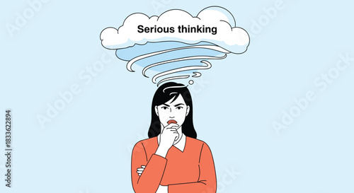 An illustration of a woman engaged in serious thinking with a swirling thought cloud above her head, representing deep concentration.