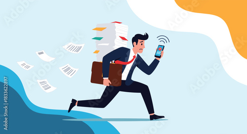 An overworked and stressed businessman running with a large stack of paperwork on his back while checking his ringing smartphone.