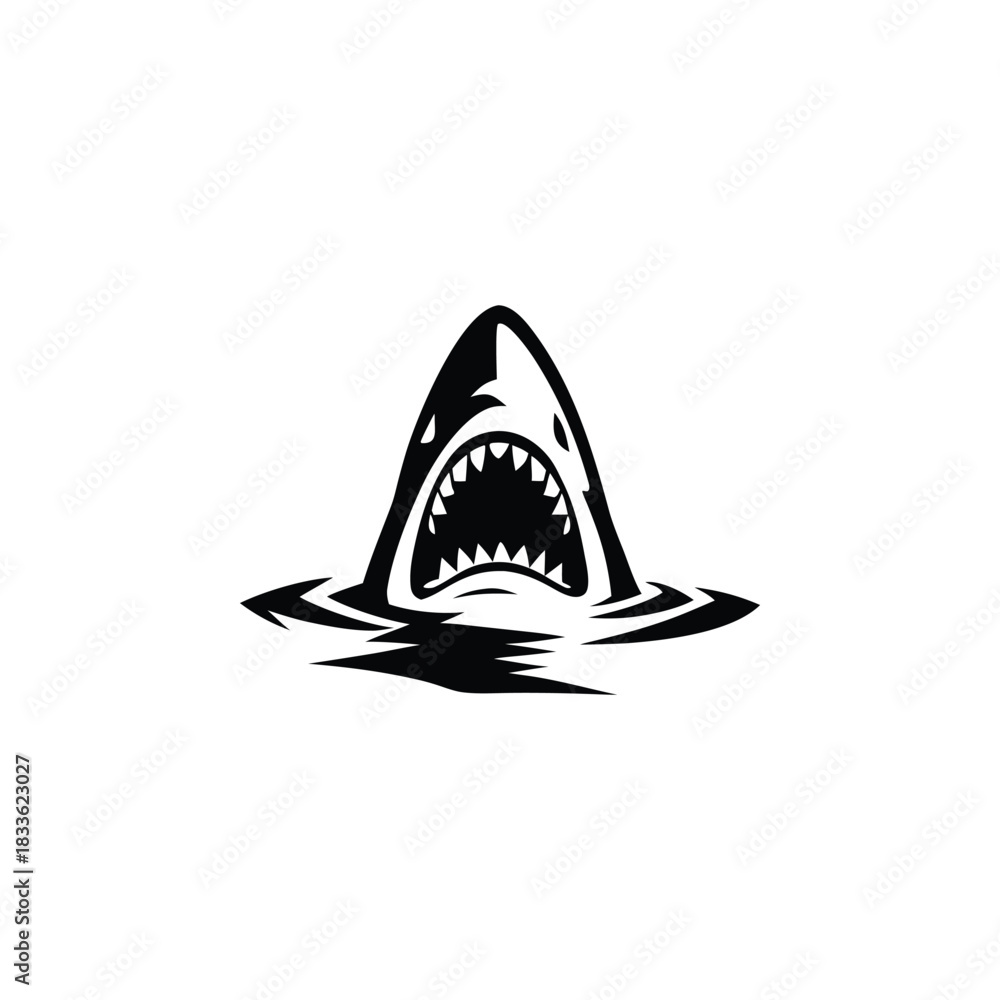Fototapeta premium Black and white illustration of a shark emerging with ferocious jagged teeth vector hand drawn image