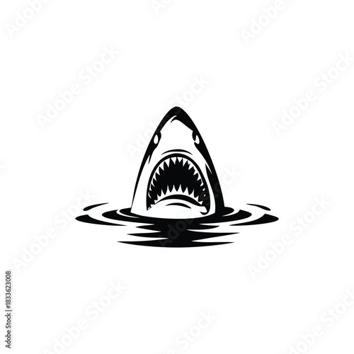 Black and white illustration of a shark emerging with ferocious jagged teeth vector hand drawn image