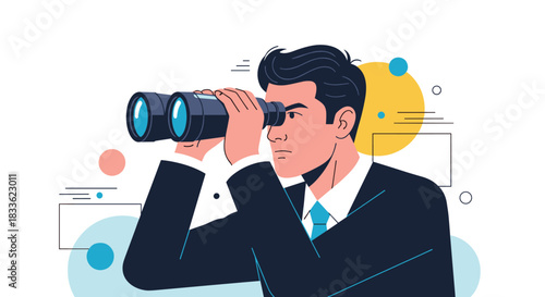 A determined businessman looking through binoculars, symbolizing business vision, searching for opportunities, and strategic forecasting.