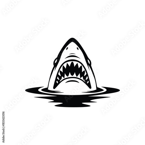 Black and white illustration of a shark emerging with ferocious jagged teeth vector hand drawn image