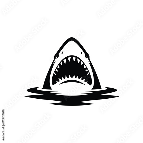 Black and white illustration of a shark emerging with ferocious jagged teeth vector hand drawn image