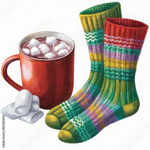 Cozy socks beside a mug of hot chocolate topped with marshmallows.