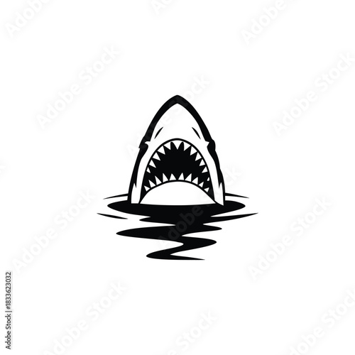 Black and white illustration of a shark emerging with ferocious jagged teeth vector hand drawn image