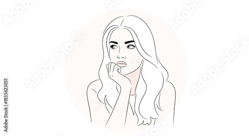 Minimalist line art portrait of a beautiful woman with long hair resting her chin on her hand in a pensive, thoughtful pose.