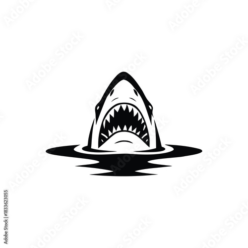 Black and white illustration of a shark emerging with ferocious jagged teeth vector hand drawn image