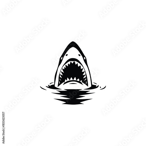 Black and white illustration of a shark emerging with ferocious jagged teeth vector hand drawn image