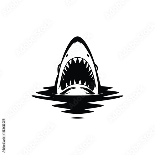 Black and white illustration of a shark emerging with ferocious jagged teeth vector hand drawn image