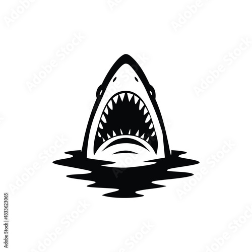 Black and white illustration of a shark emerging with ferocious jagged teeth vector hand drawn image