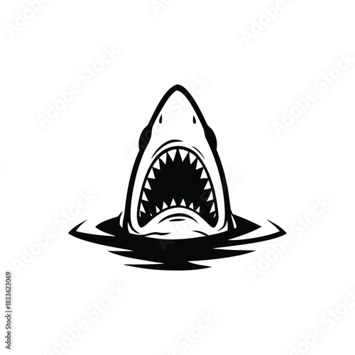 Black and white illustration of a shark emerging with ferocious jagged teeth vector hand drawn image