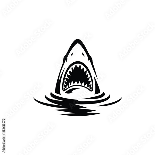 Black and white illustration of a shark emerging with ferocious jagged teeth vector hand drawn image