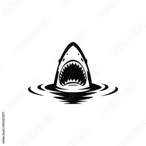 Black and white illustration of a shark emerging with ferocious jagged teeth vector hand drawn image